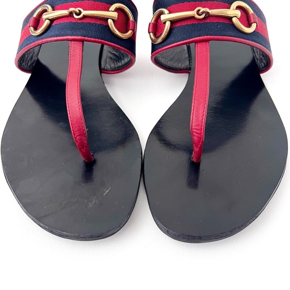 GUCCI || Horsebit Red Blue Web Stripe Black Leather Thong Sandal Flat EU 39 US 9 - Picture 3 of 15